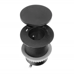 Gniazdo meblowe Ø6cm z rotacyjną pokrywą, ładowarką indukcyjną, ładowarką USB i przewodem 1,5m, 1x2P+Z, Qi 1.2.4 max. 10W, 2xUSB (typ A i typ C, 2,4A)