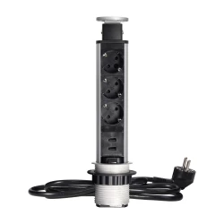 Gniazdo meblowe Ø6cm wysuwane z blatu z ładowarką USB, blokadą i przewodem 1,8m, 3x2P+Z (Schuko), srebrne