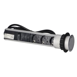 Gniazdo meblowe Ø6cm wysuwane z blatu z ładowarką USB, blokadą i przewodem 1,8m, 3x2P+Z (Schuko), srebrne