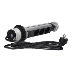 Gniazdo meblowe Ø6cm wysuwane z blatu z ładowarką USB, blokadą i przewodem 1,8m, 3x2P+Z (Schuko), srebrne