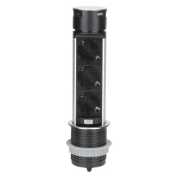Wpuszczane gniazdo meblowe Ø6cm z ładowarką USB i przewodem 1,5m, 3x2P+Z (Schuko), 2xUSB (typ A i typ C), INOX