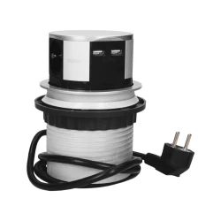 Gniazdo meblowe Ø10cm wysuwane z blatu z ładowarką USB i przewodem 1,5m, 3x2P+Z, 2xUSB, wersja schuko