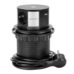 Gniazdo meblowe Ø10cm wysuwane z blatu z ładowarką indukcyjną, ładowarką USB i przewodem 1,5m, 3x2P+Z (Schuko), Qi 1.2.4 max. 10W, 2xUSB QC 3.0