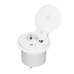 Gniazdo meblowe Ø8cm wpuszczane w blat z ładowarką indukcyjną, ładowarką USB z 2 gniazdami A i C, przelotką kab,OR-GM-9015(GS)/W