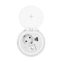 Gniazdo meblowe Ø8cm wpuszczane w blat z ładowarką indukcyjną, ładowarką USB z 2 gniazdami A i C, przelotką kab,OR-GM-9015(GS)/W