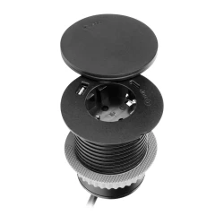 Gniazdo meblowe Ø6cm z rotacyjną pokrywą, ładowarką indukcyjną, ładowarką USB i przewodem 1,5m, 1x2P+Z (Schuko), Qi 1.2.4 max. 10W, 2xUSB (typ A i typ