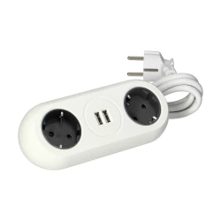 Gniazdo meblowe z uchwytem montażowym,  ładowarką USB, 2 gniazda 2P+Z (Schuko), 2xUSB, przewód 3x1,5mm² - 1,4m, białe