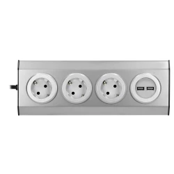 Gniazdo meblowe, kuchenne z ładowarką USB, montowane na rzepy z przewodem 1,5m - 3x2P+Z schuko, 2xUSB, INOX z przewodem,FS-4(GS)