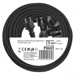 Przedłużacz ogrodowy 20m 2-gniazda czarny guma IP44 3x1,5 mm2 P0603