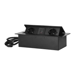 Gniazdo meblowe wpuszczane w blat z płaskim frezowanym rantem, ładowarką USB i przewodem 1,5m, 2x2P+Z (Schuko), 2xUSB (typ A+C; 3,6A), czarne