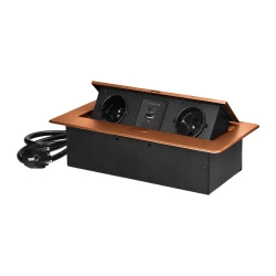 Gniazda meblowe wpuszczane w blat z płaskim frezowanym rantem, ładowarką USB i przewodem 1,5m, 2x2P+Z, 2xUSB (typ A+C; 3,6A), złote