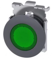 Przycisk podświetlany 30mm okrągły metal matowy zielony pierścień płaski z samopowrotem 3SU1061-0JB40-0AA0