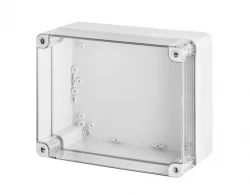 Puszka hermetyczna natynkowa INDUSTRIAL 270×220×126 mm IP65 z transparentną pokrywą 2720-01INDUSTRIAL Puszka hermetyczna n/t 270x220x126mm IP65 szara,
