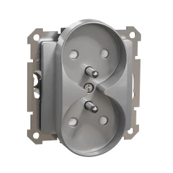 Sedna Design, Gniazdo 2x2P+PE z przesłonami do systemu ramkowego (do ramek Elements), srebrne aluminium