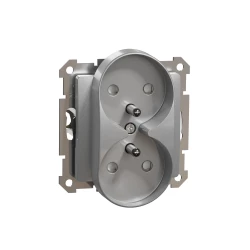Sedna Design, Gniazdo 2x2P+PE z przesłonami do systemu ramkowego, srebrne aluminium