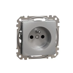 Sedna Design, Gniazdo 2P+PE z przesłonami (zaciski bezgwintowe), srebrne aluminium
